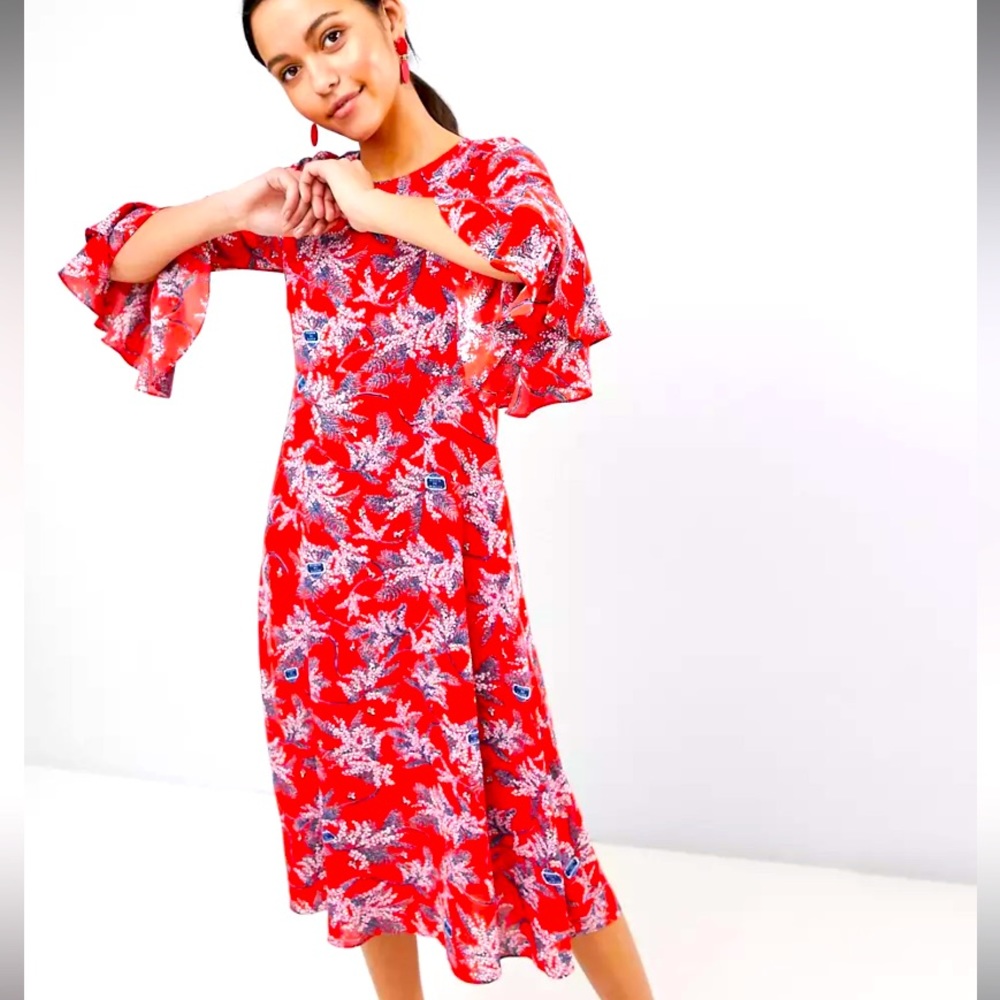 NWT Traffic People Floral Print Midi Dress With Flute Sleeve Size XS